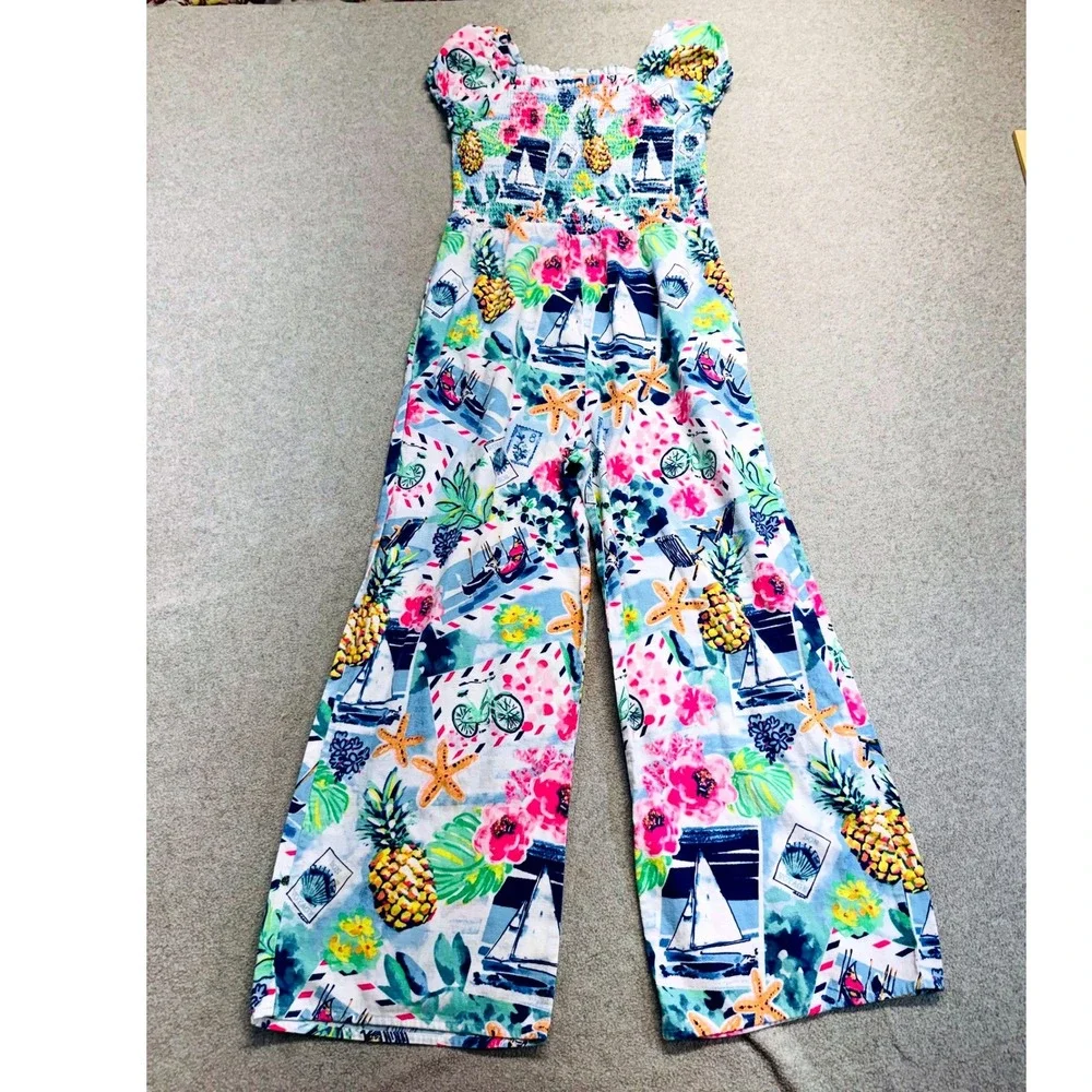 Gymboree Girls Size 12 Linen Blend Smocked Nautical Tropical Wide Leg Jumpsuit